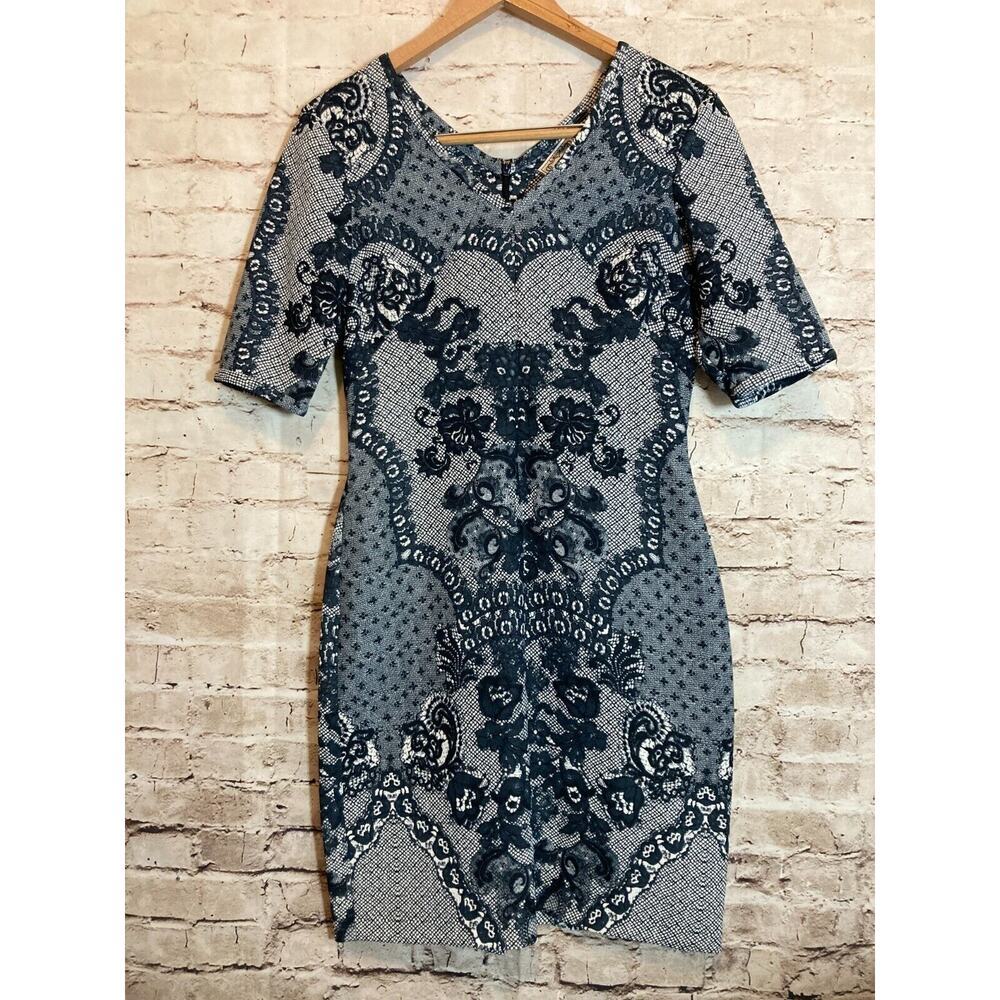 Yoana Baraschi Dress Womens‎ 6 Navy Blue All Over Floral Sheath Half Sleeve Zip